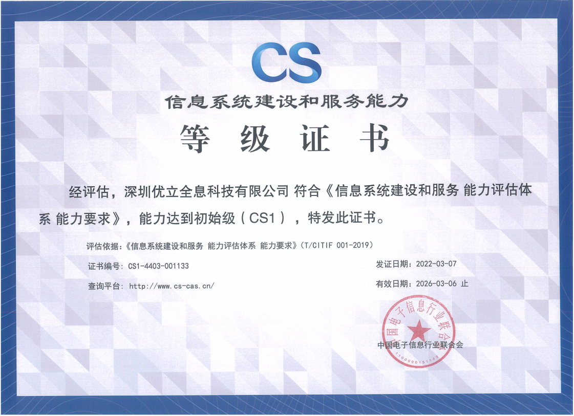 榮獲信息系統建設和服務能力CS1等級證書。